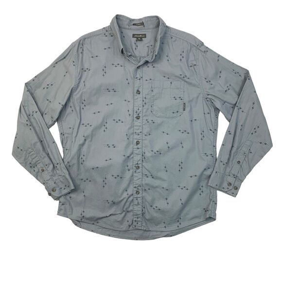 Eddie Bauer Shirt Mens L Large Iron Blue Button Down Classic Fit Printed Cotton - Picture 1 of 13